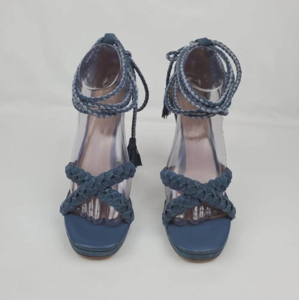 Joie blue leather lace up chunky heels sandals